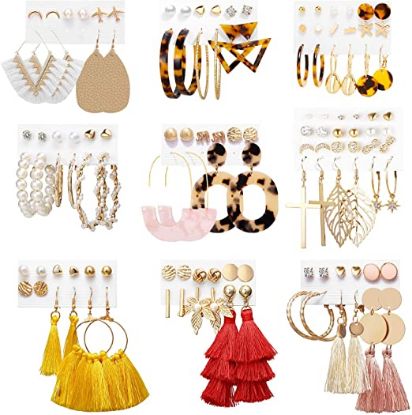 Picture of Earrings Set for Women Girls, Funtopia 61 Pairs Fashion Tassel Earrings Acrylic Hoop Stud Drop Dangle Earrings for Birthday Party Gift, Assorted Styles and Colors