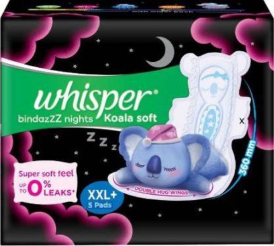 Picture of Whisper Bindazzz Nights Koala Soft Sanitary Pads - XXL Plus, Double Huge Wings, Wider Back, 10 pcs