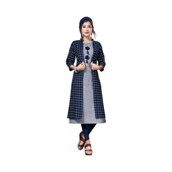 Picture of Women Printed Cotton Silk A-line Kurta  (Dark Blue)